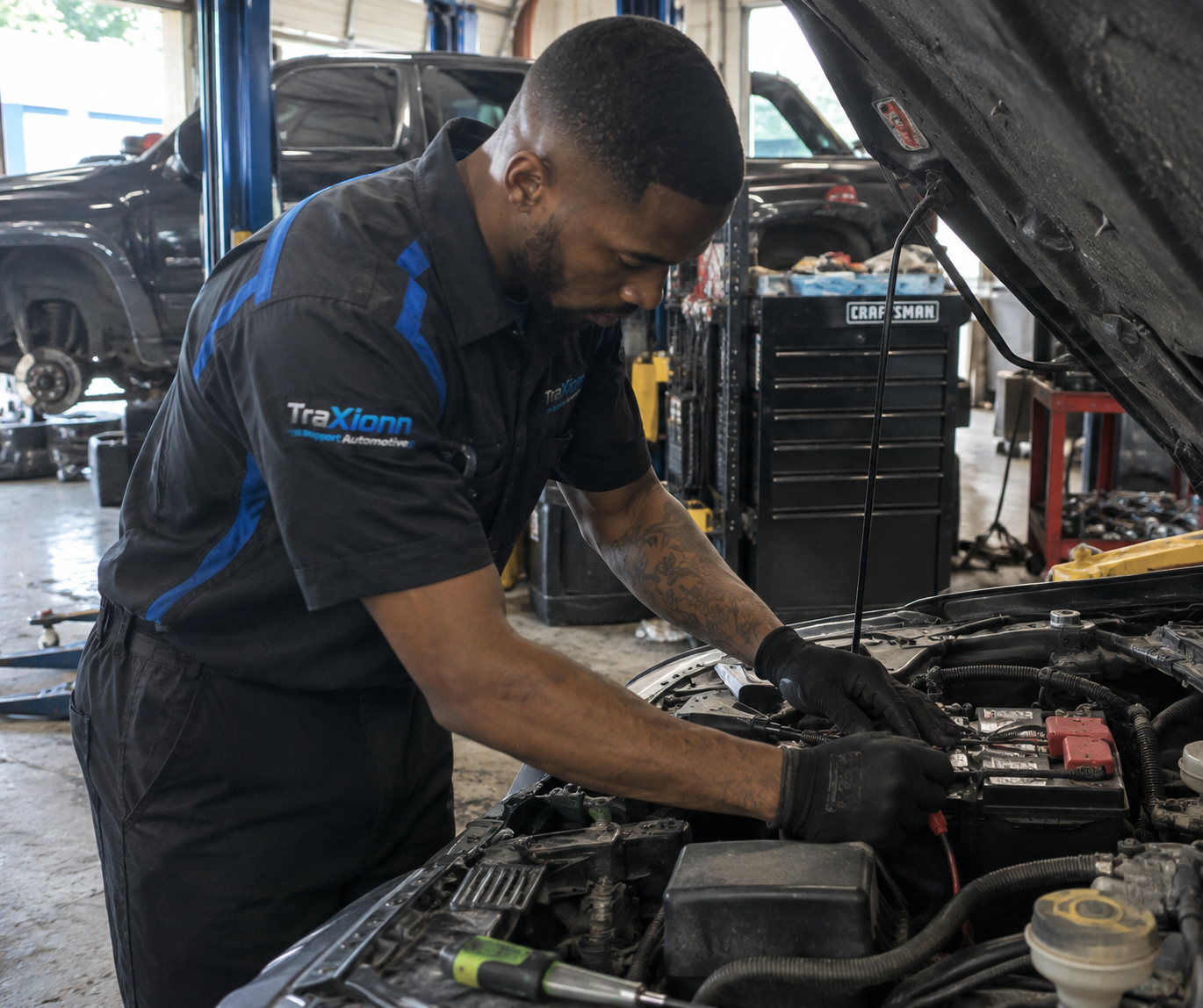 Traxionn technician testing a vehicle battery