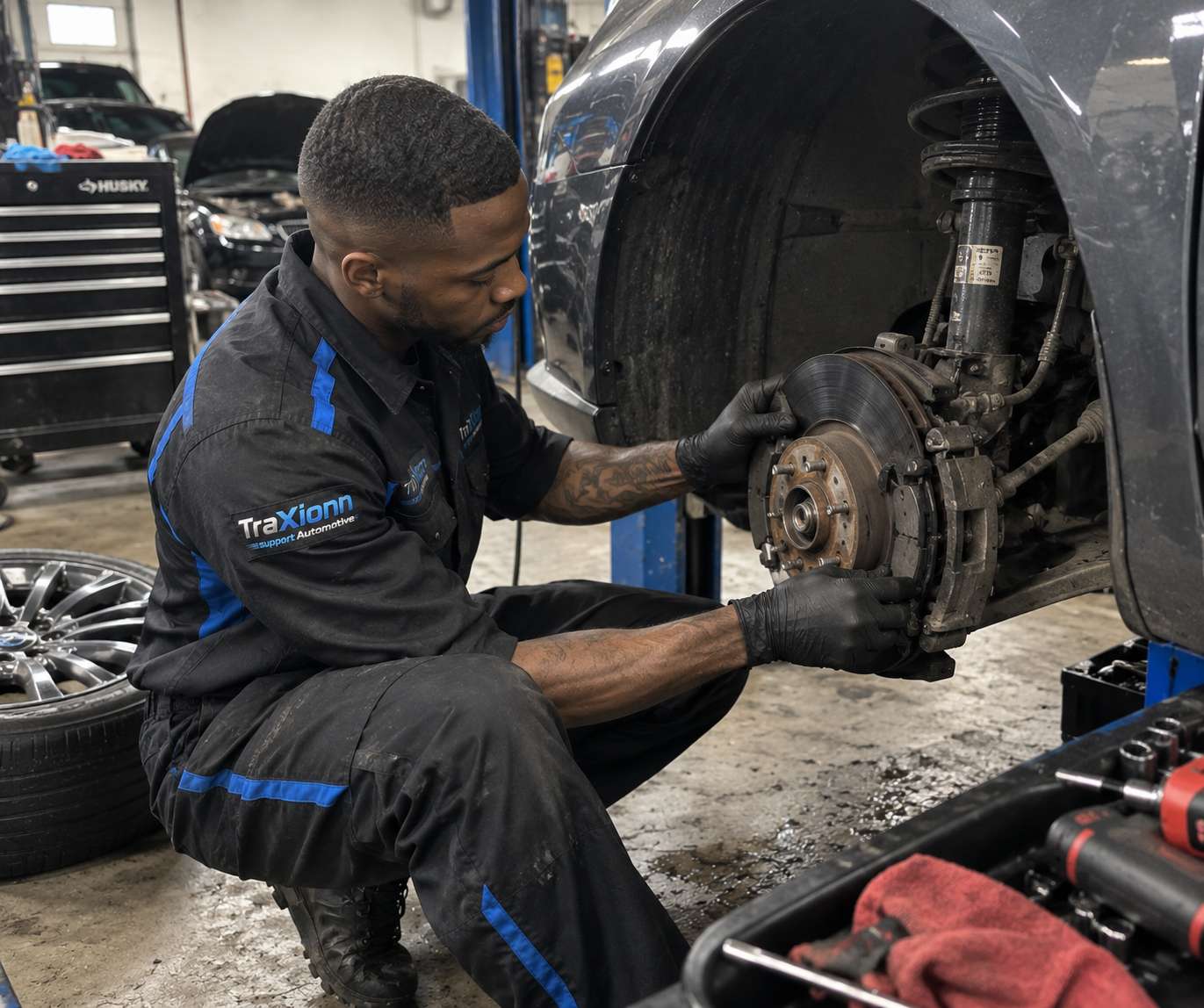 Traxionn technician performing brake service