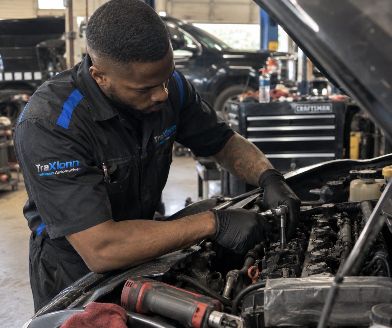 Traxionn technician performing an engine tune-up